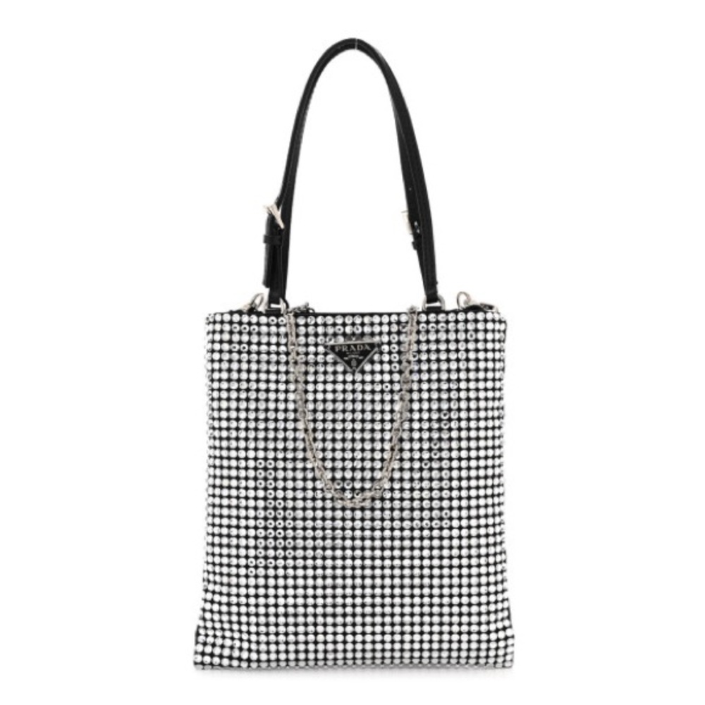 PRADA Satin Crystal Metal Triangle Logo Chain Crossbody Handbag